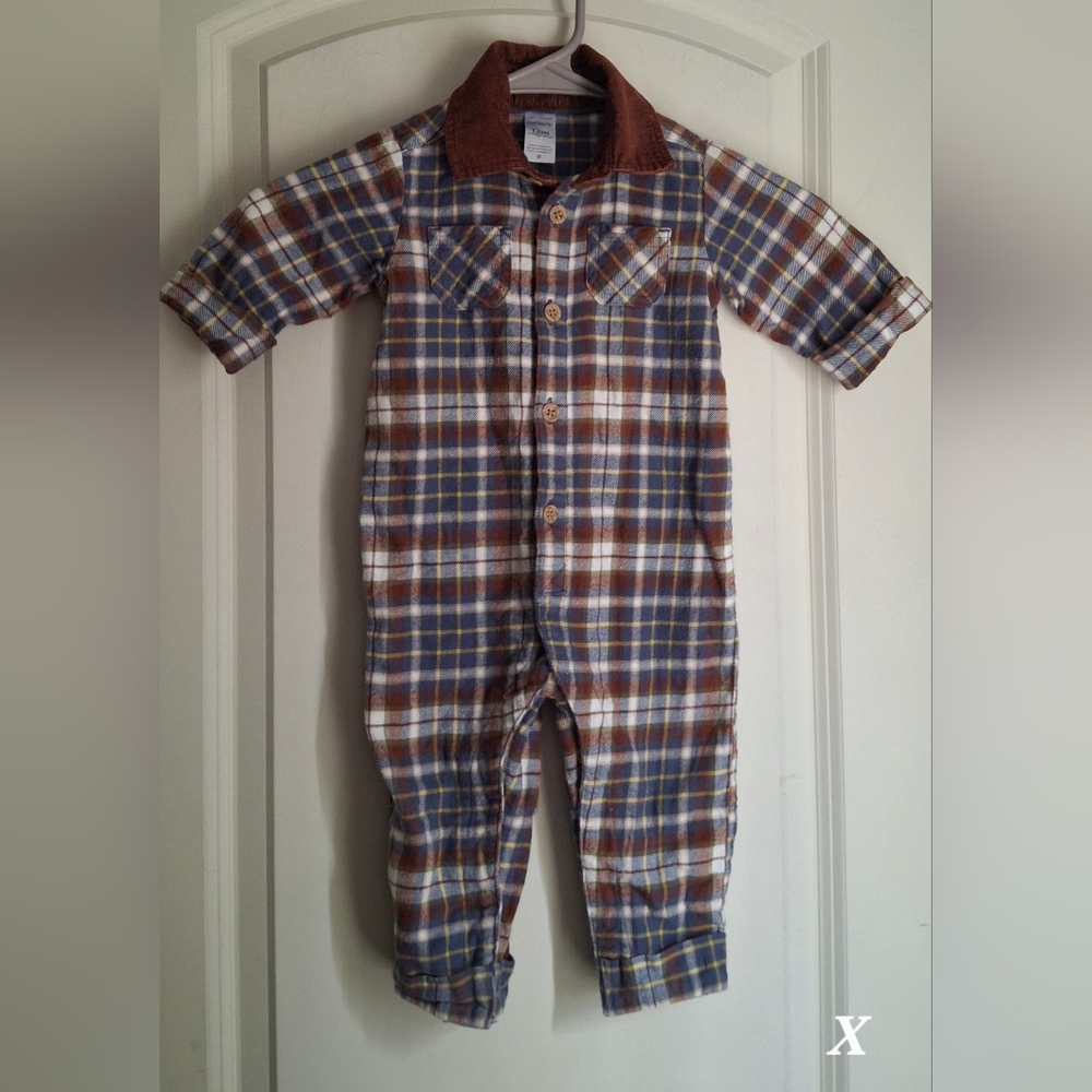 Baby Jumpsuit Plaid Kids One Piece with Brown Collar 12m Barncore Western Fall